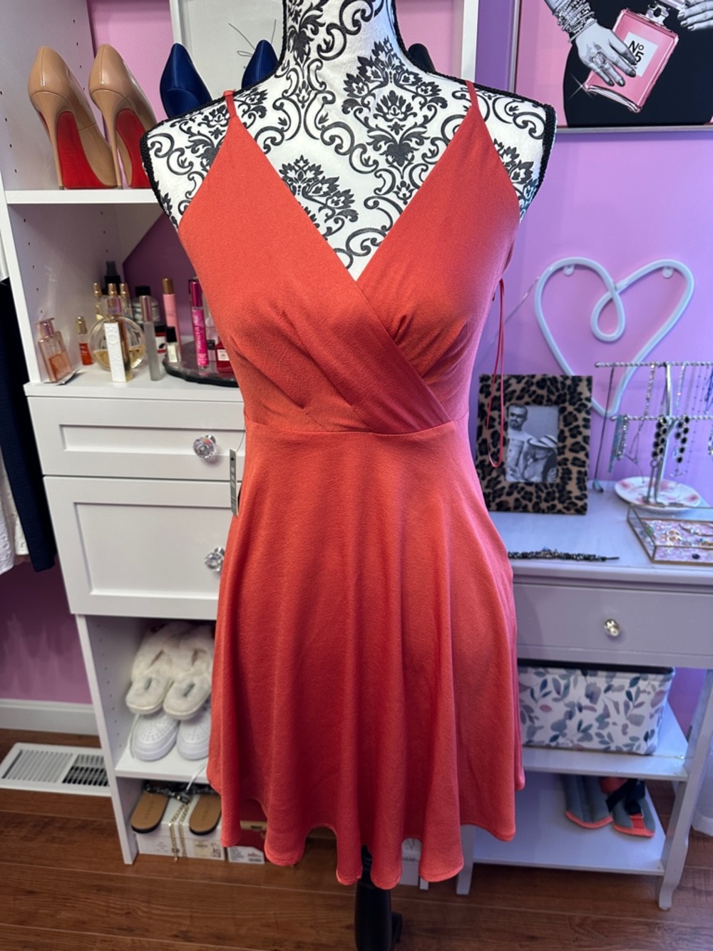 NWT Express Women’s Coral V-Neck Flared Dress